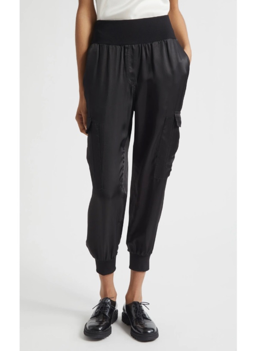 Cinq a Sept Giles Cupro Satin High Rise Crop Cargo Joggers Black Large